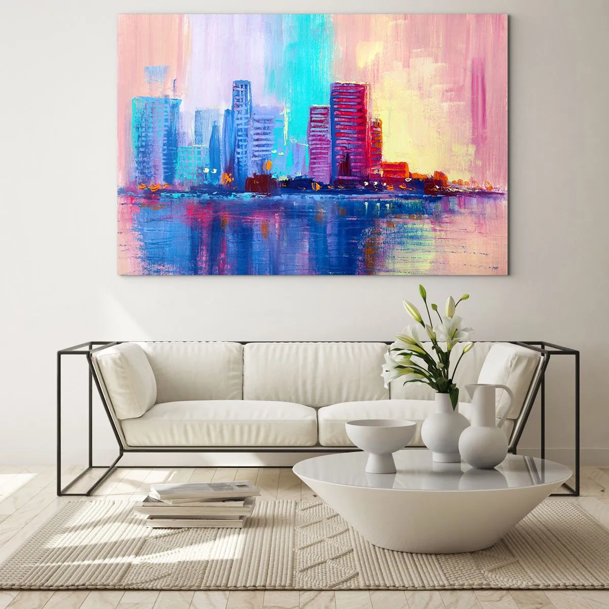 Quadro su vetro - Una città moderna dai colori intensi riflessi nell'acqua - 70x50cm - Immerse nei colori - Decorazione murale moderna per soggiorno e camera da letto ARTTOR