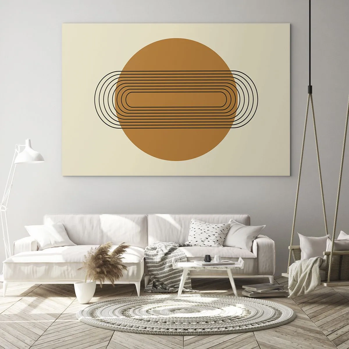 Quadro su vetro - Astrazione geometrica con cerchi e linee - 70x50cm - Piano perfetto - Decorazione murale moderna per soggiorno e camera da letto ARTTOR