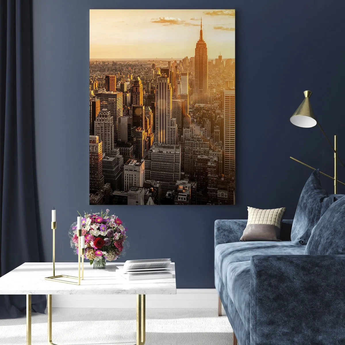 Quadro su vetro - Skyline di New York City al tramonto - 50x70cm - Crescere al sole - Decorazione murale moderna per soggiorno e camera da letto ARTTOR