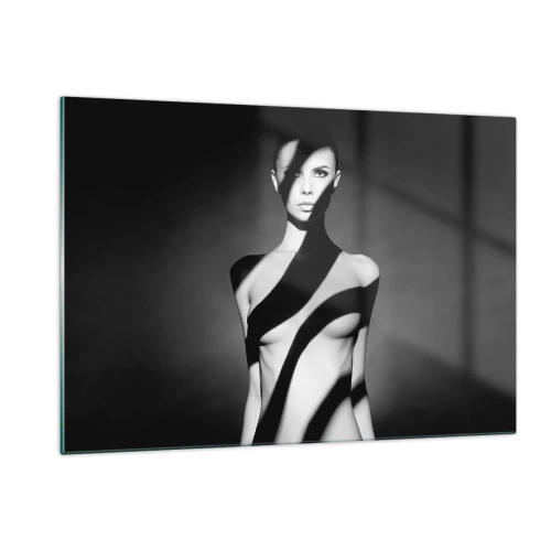 Quadro su vetro - Ritratto in bianco e nero di una donna con ombre suggestive - 120x80cm - Luci e ombre - Decorazione murale moderna per soggiorno e camera da letto ARTTOR