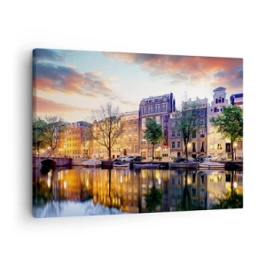Quadro su tela - Stampe su Tela - Canale con il riflesso delle case popolari nella luce della sera - 70x50cm - Bellezza olandese riservata e tranquilla - Decorazione murale moderna per soggiorno e camera da letto ARTTOR