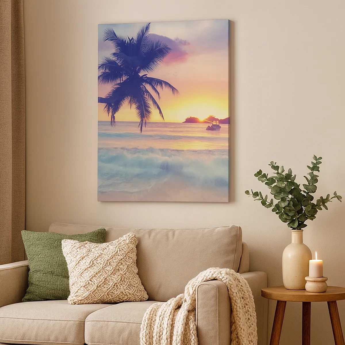 Quadro su tela - Stampe su Tela - Spiaggia con una palma e un tramonto sull'oceano - 50x70cm - Sera nell'insenatura - Decorazione murale moderna per soggiorno e camera da letto ARTTOR