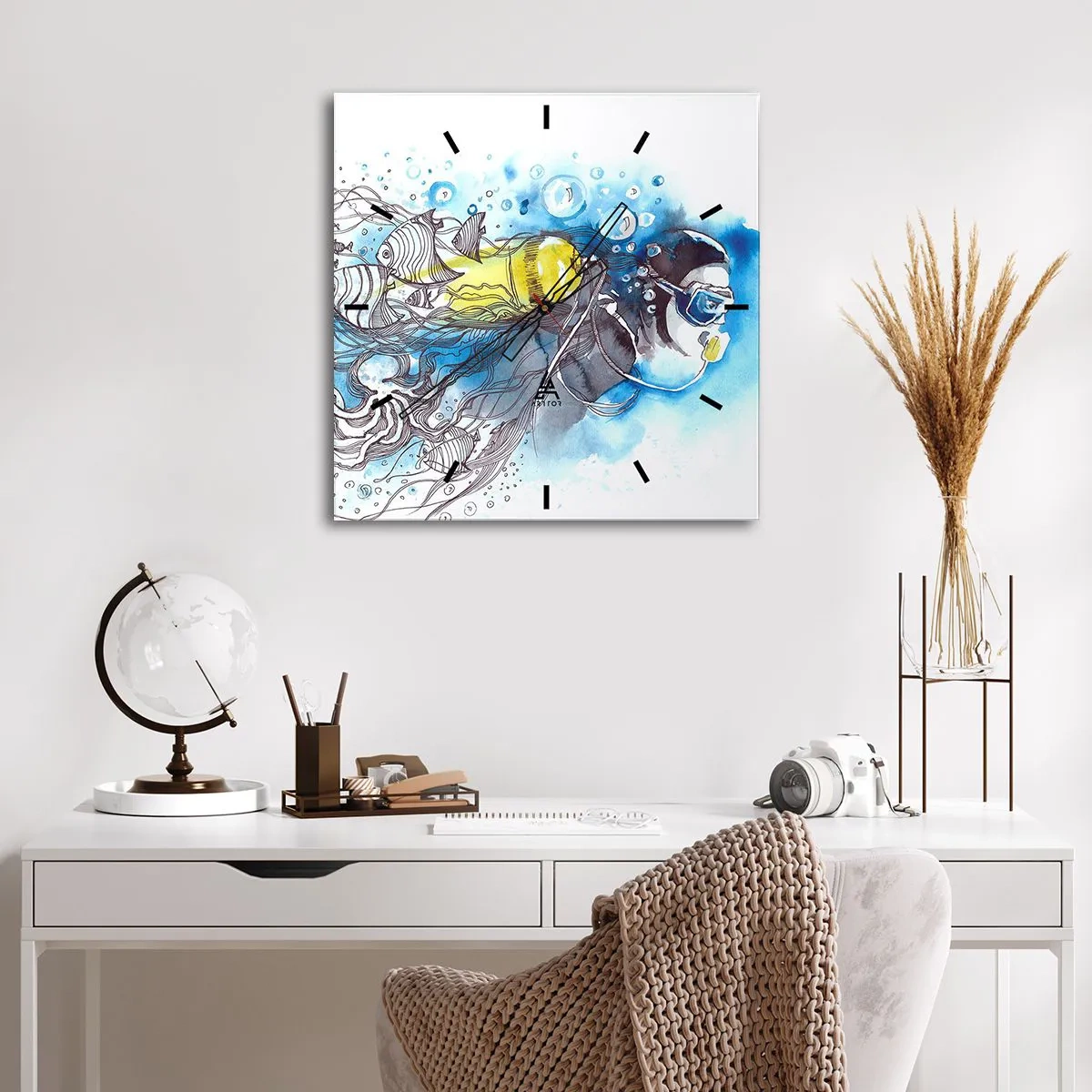 Orologio da parete - Orologio in Vetro - Scena subacquea con un subacqueo e pesci esotici - 30x30cm - Il grande blu - Decorazione murale moderna per soggiorno e camera da letto ARTTOR