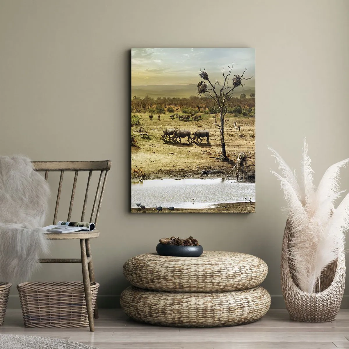 Quadro su tela - Stampe su Tela - Elefanti e animali selvatici in una pozza d'acqua al tramonto - 70x100cm - "Un fiume usciva da Eden…" - Decorazione murale moderna per soggiorno e camera da letto ARTTOR