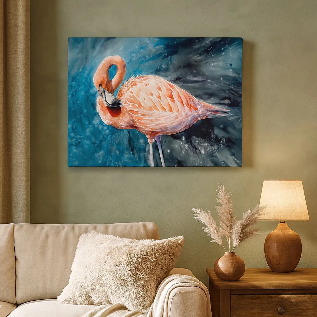 Quadro su tela - Stampe su Tela - Un fenicottero rosa su uno sfondo blu acquerello - 70x50cm - Naturalmente decorativo - Decorazione murale moderna per soggiorno e camera da letto ARTTOR