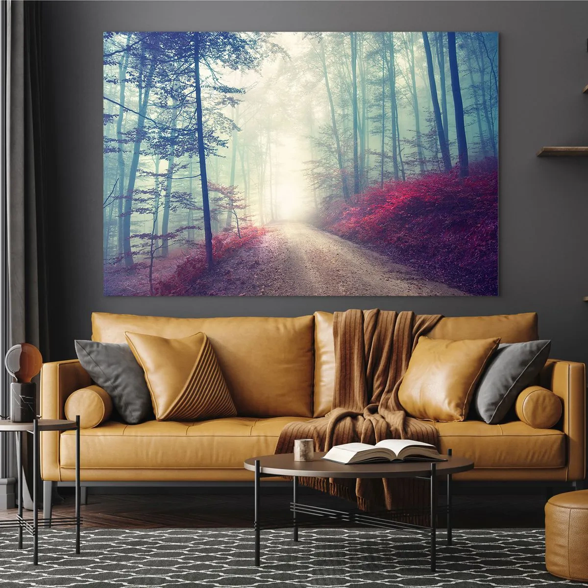 Quadro su vetro - Strada forestale nella nebbia con accenti rossi - 100x70cm - Come è bello alzarsi all'alba - Decorazione murale moderna per soggiorno e camera da letto ARTTOR