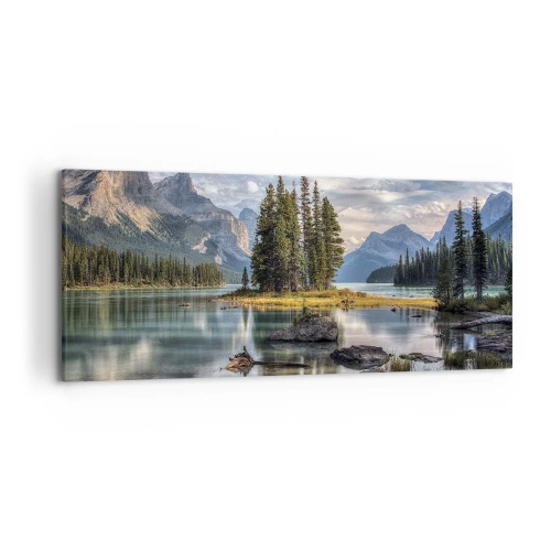 Quadro su tela - Stampe su Tela - Un paesaggio montano con un'isola circondata da un lago calmo - 120x50cm - Sulle acque grandi e limpide... - Decorazione murale moderna per soggiorno e camera da letto ARTTOR