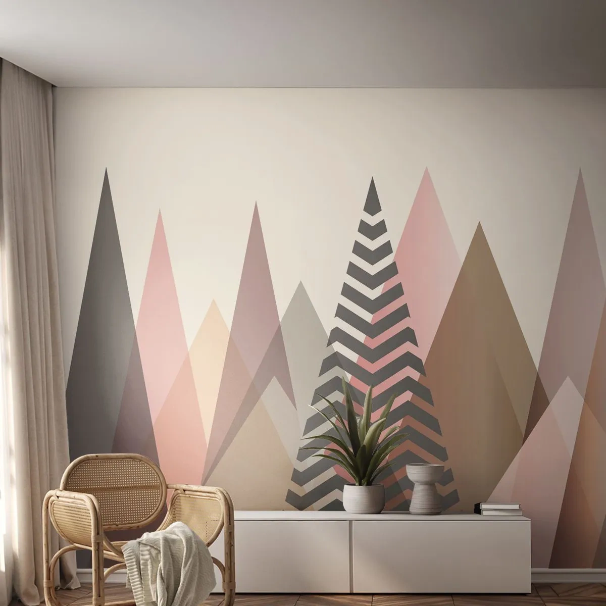 Fotomurali Premium Sand - Montagne geometriche astratte in colori pastello - 100x70cm - Vista piramidale - Decorazione murale moderna per soggiorno e camera da letto ARTTOR