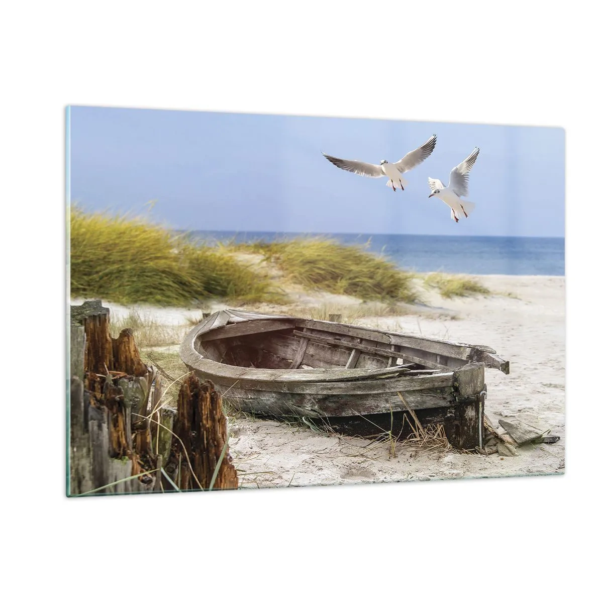 Quadro su vetro - Barca di legno sulla spiaggia con gabbiani in volo - 120x80cm - Bagnate dal vento - Decorazione murale moderna per soggiorno e camera da letto ARTTOR