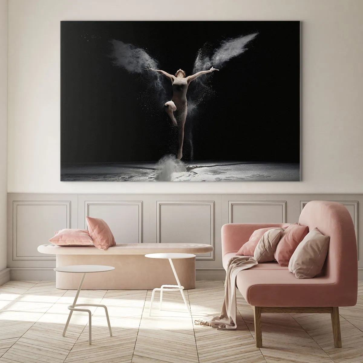 Quadro su vetro - Una ballerina in nuvole di polvere su uno sfondo nero - 100x70cm - Gli elfi esistono - Decorazione murale moderna per soggiorno e camera da letto ARTTOR