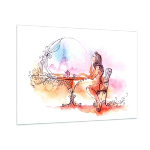 Quadro su vetro - Una donna seduta a un tavolo con vista sulla Torre Eiffel in toni pastello - 100x70cm - Chic parigino - Decorazione murale moderna per soggiorno e camera da letto ARTTOR