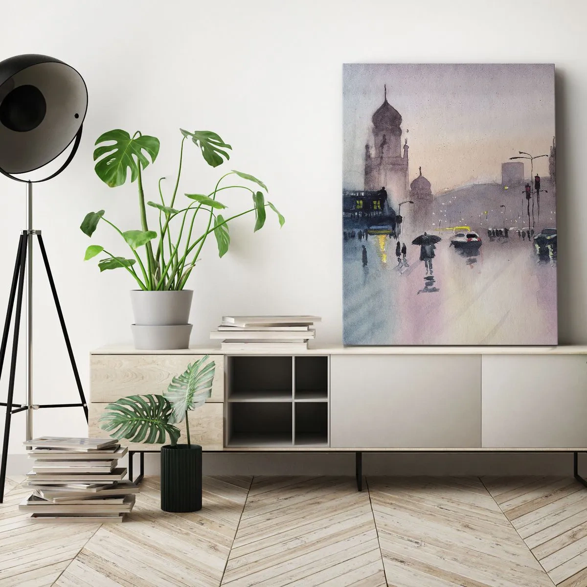 Quadro su tela - Stampe su Tela - Una strada cittadina al crepuscolo in stile acquerello - 50x70cm - Nella nebbia piovigginosa - Decorazione murale moderna per soggiorno e camera da letto ARTTOR