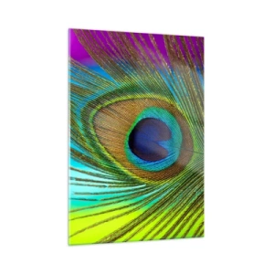 Quadro su vetro - Un primo piano di una piuma di pavone colorata - 50x70cm - Occhio nell'occhio - Decorazione murale moderna per soggiorno e camera da letto ARTTOR