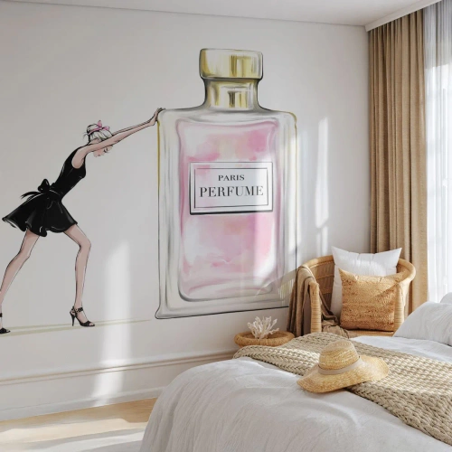 Fotomurali Premium Sand - Illustrazione di una donna con un abito nero e una bottiglia di profumo - 100x70cm - L'essenza della femminilità - Decorazione murale moderna per soggiorno e camera da letto ARTTOR