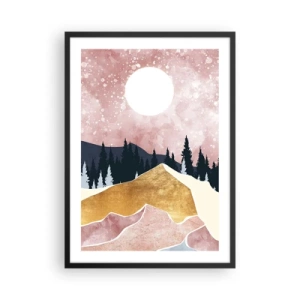 Poster in cornice nera - Paesaggio astratto con foresta, montagne e accenti dorati - 50x70cm - Guardiano notturno - Decorazione murale moderna per soggiorno e camera da letto ARTTOR