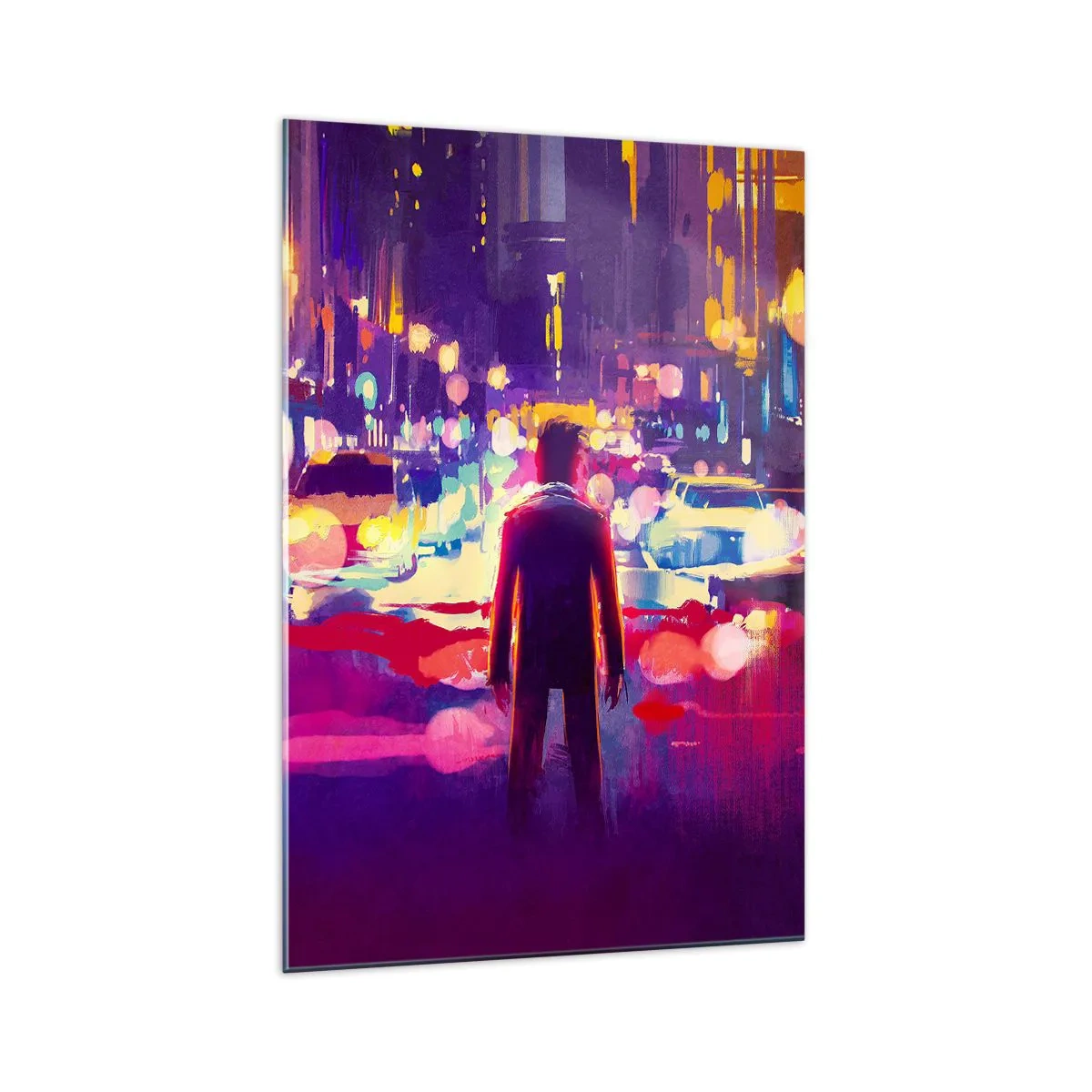 Quadro su vetro - Un uomo in una scena notturna di una città al neon - 70x100cm - Immerso nella luce - Decorazione murale moderna per soggiorno e camera da letto ARTTOR