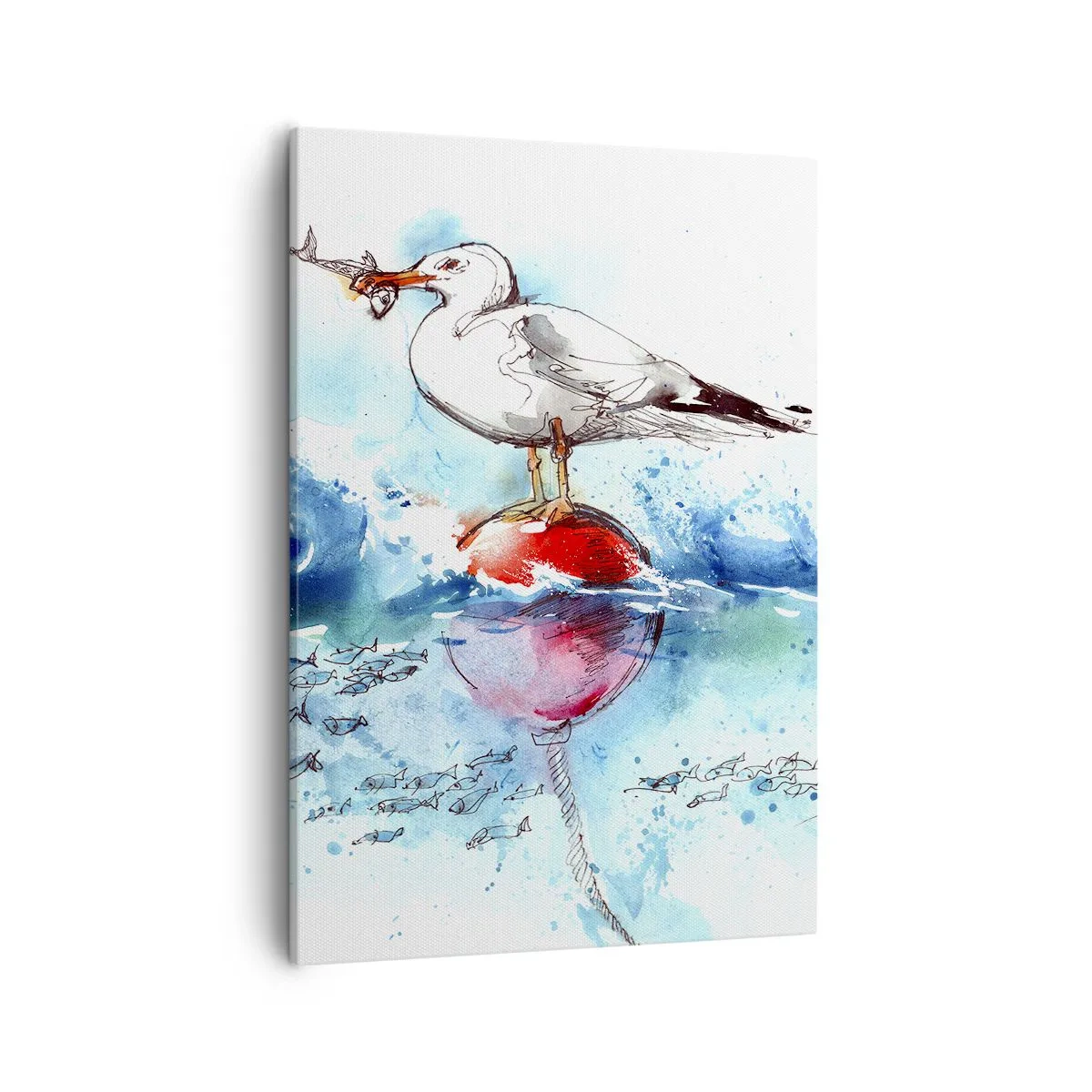 Quadro su tela - Stampe su Tela - Gabbiano su una boa con pesci sullo sfondo in stile acquerello - 50x70cm - Buona pesca - Decorazione murale moderna per soggiorno e camera da letto ARTTOR