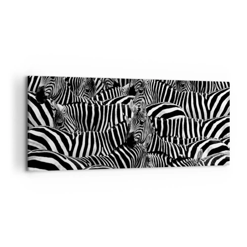 Quadro su tela - Stampe su Tela - Un gruppo di zebre con strisce bianche e nere che creano un motivo di simmetria. - 120x50cm - Ritratto collettivo a strisce - Decorazione murale moderna per soggiorno e camera da letto ARTTOR