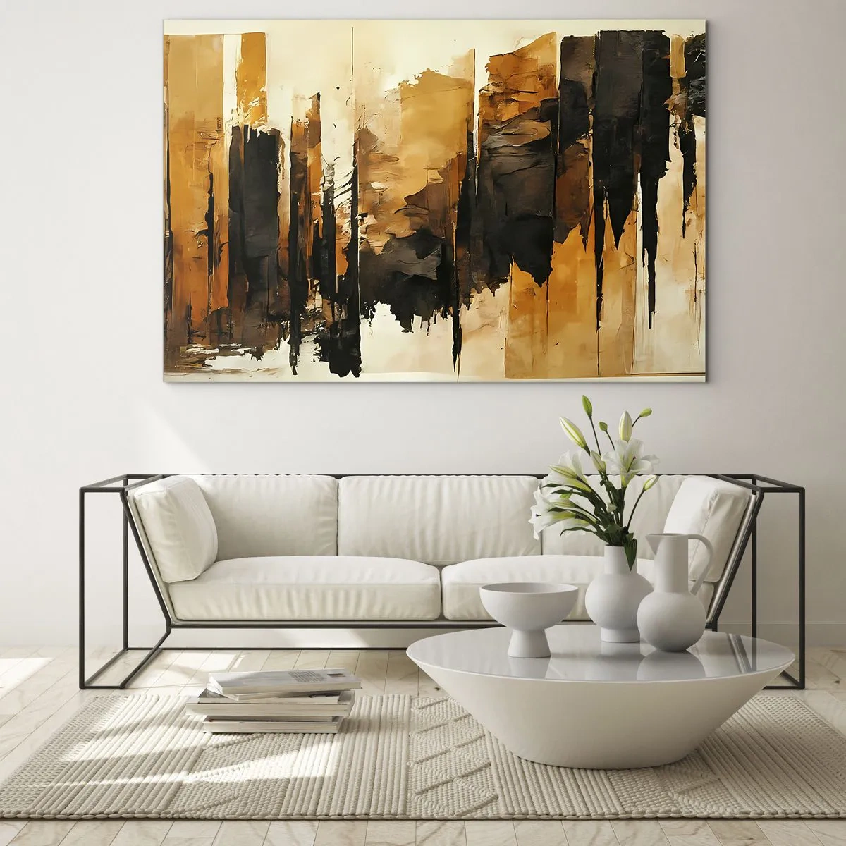 Quadro su vetro - Astrazione marrone-dorata con strutture verticali - 70x50cm - Armonia di nero e oro - Decorazione murale moderna per soggiorno e camera da letto ARTTOR
