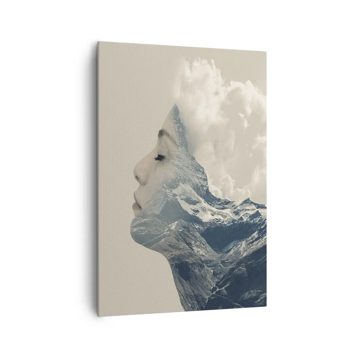 Quadro su tela - Stampe su Tela - Silhouette di una donna con un paesaggio montano sullo sfondo - 70x100cm - La bellezza degli elementi - Decorazione murale moderna per soggiorno e camera da letto ARTTOR