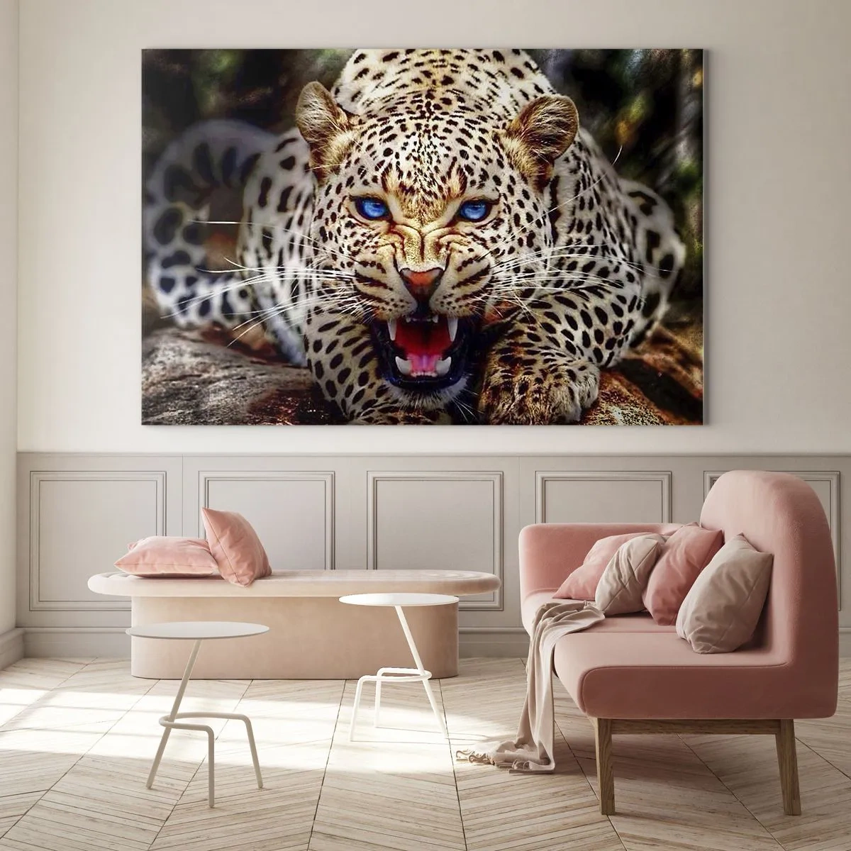 Quadro su vetro - Un feroce leopardo dagli occhi azzurri in natura - 120x80cm - La rabbia non rovina la bellezza - Decorazione murale moderna per soggiorno e camera da letto ARTTOR