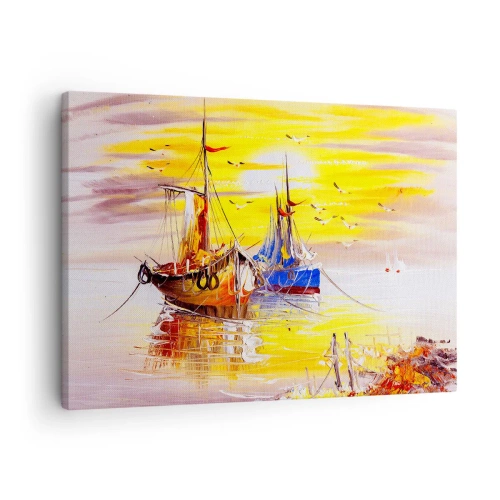 Quadro su tela - Stampe su Tela - Una scena pittorica di barche su un mare calmo - 70x50cm - Meritato riposo nel porto - Decorazione murale moderna per soggiorno e camera da letto ARTTOR