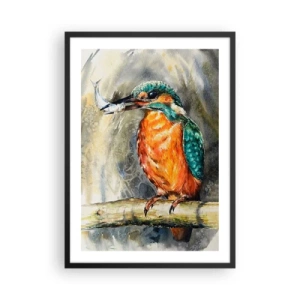 Poster in cornice nera - Un leone acquatico che tiene in mano un pesce sullo sfondo di un paesaggio naturale in stile acquerello. - 50x70cm - La legge della natura - Decorazione murale moderna per soggiorno e camera da letto ARTTOR