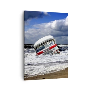 Quadro su tela - Stampe su Tela - Un autobus affondato sulla spiaggia tra onde e mare mosso - 50x70cm - Ti meravigli? - Decorazione murale moderna per soggiorno e camera da letto ARTTOR