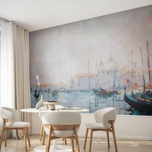 Fotomurali Premium Sand - Veduta impressionista di Venezia con gondole sull'acqua - 100x70cm - Dopo l'acqua, dopo la nebbia - Decorazione murale moderna per soggiorno e camera da letto ARTTOR