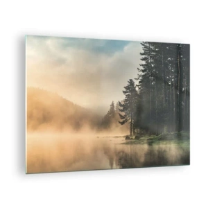 Quadro su vetro - Una mattina nebbiosa su un lago nella foresta - 70x50cm - La nascita del giorno - Decorazione murale moderna per soggiorno e camera da letto ARTTOR