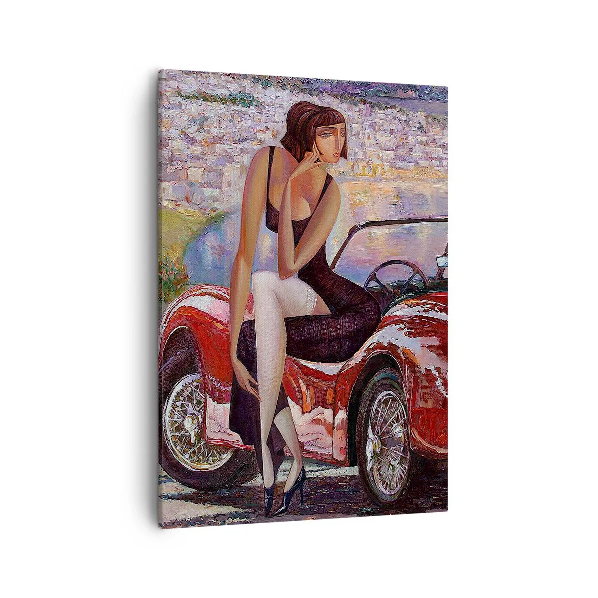 Quadro su tela - Stampe su Tela - Una donna vicino a un'auto rossa con una città sullo sfondo - 50x70cm - Estate? Solo sulla Riviera - Decorazione murale moderna per soggiorno e camera da letto ARTTOR