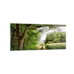 Quadro su vetro - Una strada sterrata tra alberi verdi e luce solare - 120x50cm - Et in Arcadia ego - Decorazione murale moderna per soggiorno e camera da letto ARTTOR
