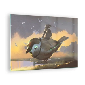 Quadro su vetro - Una figura su un uccello gigante alla luce del sole al tramonto - 70x50cm - La sosta di un viaggio fantastico - Decorazione murale moderna per soggiorno e camera da letto ARTTOR