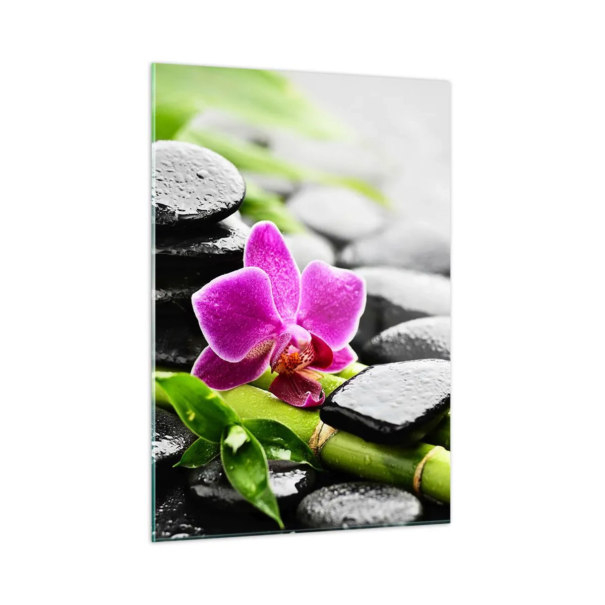 Quadro su vetro - Orchidea, pietre nere e bambù in una composizione tranquilla - 50x70cm - Un tranquillo equilibrio - Decorazione murale moderna per soggiorno e camera da letto ARTTOR