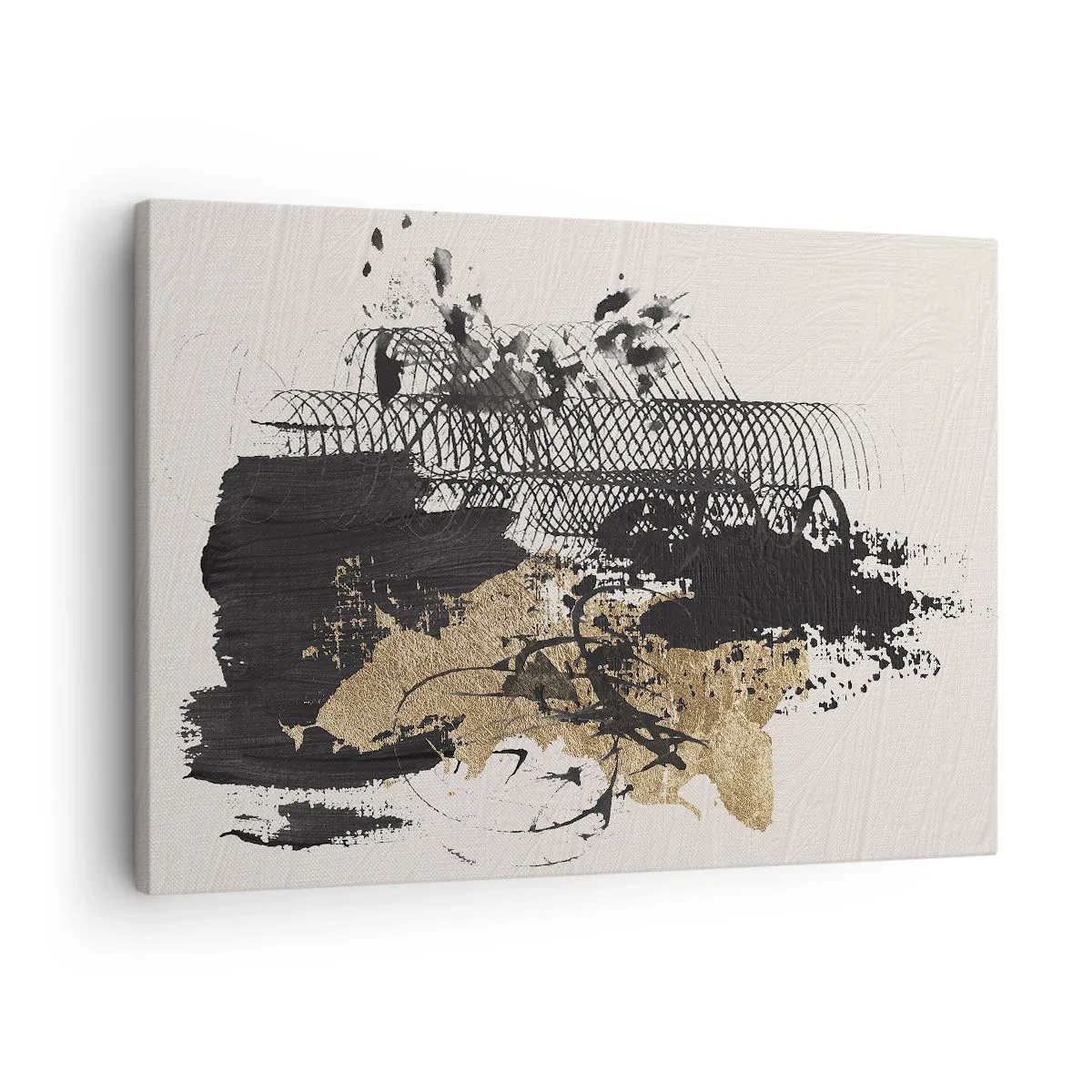 Quadro su tela - Stampe su Tela - Un dipinto astratto in nero e oro con linee e strutture dinamiche. - 70x50cm - Composizione con passione - Decorazione murale moderna per soggiorno e camera da letto ARTTOR