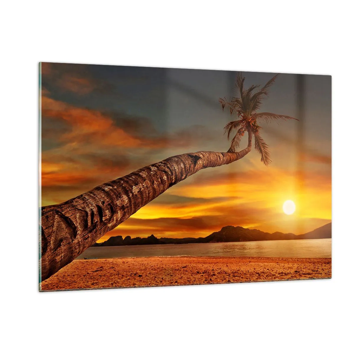 Quadro su vetro - Palma su una spiaggia tropicale al tramonto - 120x80cm - Vacanze esotiche, avventura nei Caraibi - Decorazione murale moderna per soggiorno e camera da letto ARTTOR