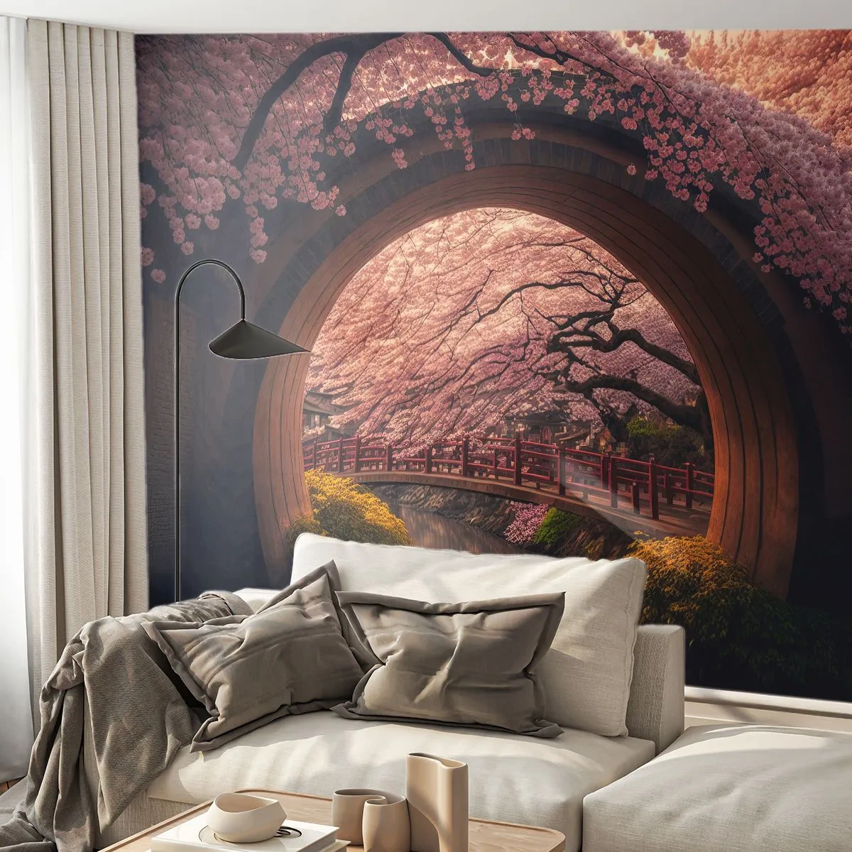 Fotomurali Premium Canvas - Un ponte tradizionale giapponese circondato da fiori di ciliegio - 100x70cm - Primavera giapponese - Decorazione murale moderna per soggiorno e camera da letto ARTTOR