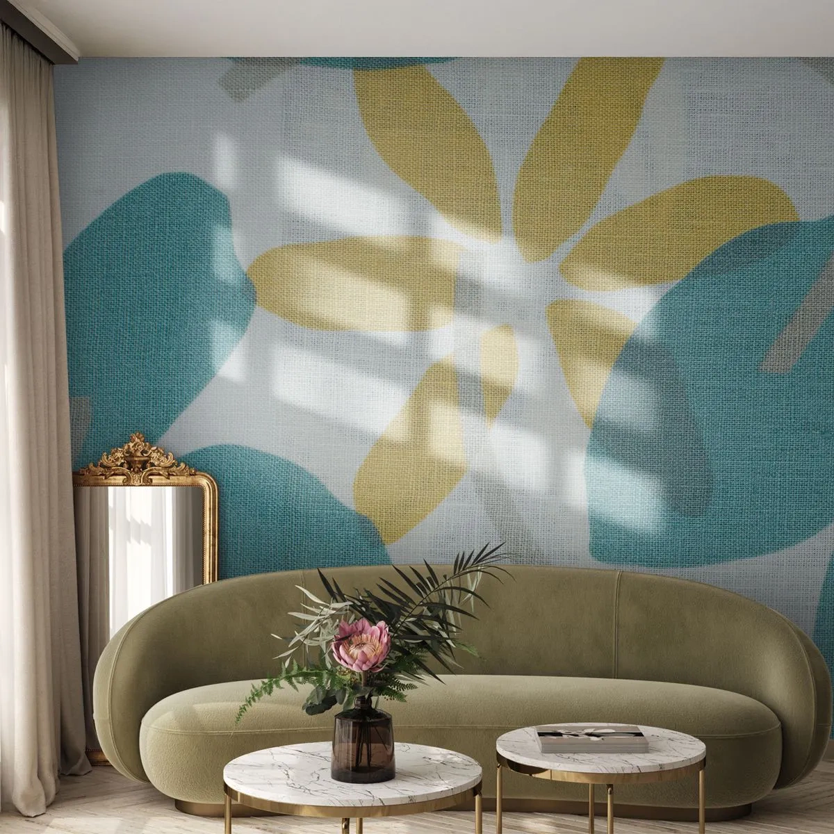 Fotomurali Premium Canvas - Tra le foglie azzurre - Boho, Fiori, Minimalismo - 500x350 cm