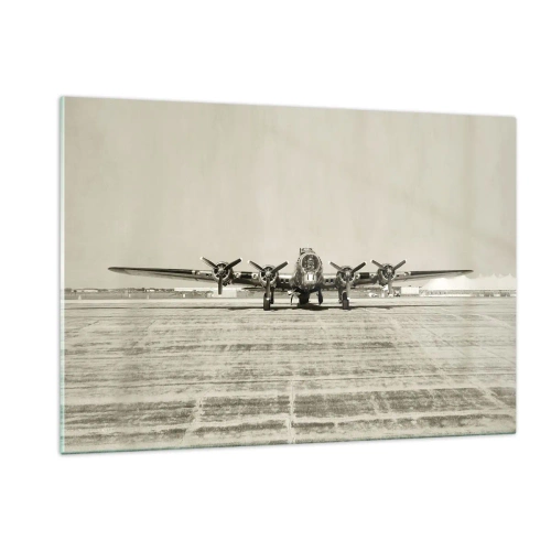 Quadro su vetro - Aereo storico all'aeroporto in stile seppia - 120x80cm - Pronto come sempre - Decorazione murale moderna per soggiorno e camera da letto ARTTOR