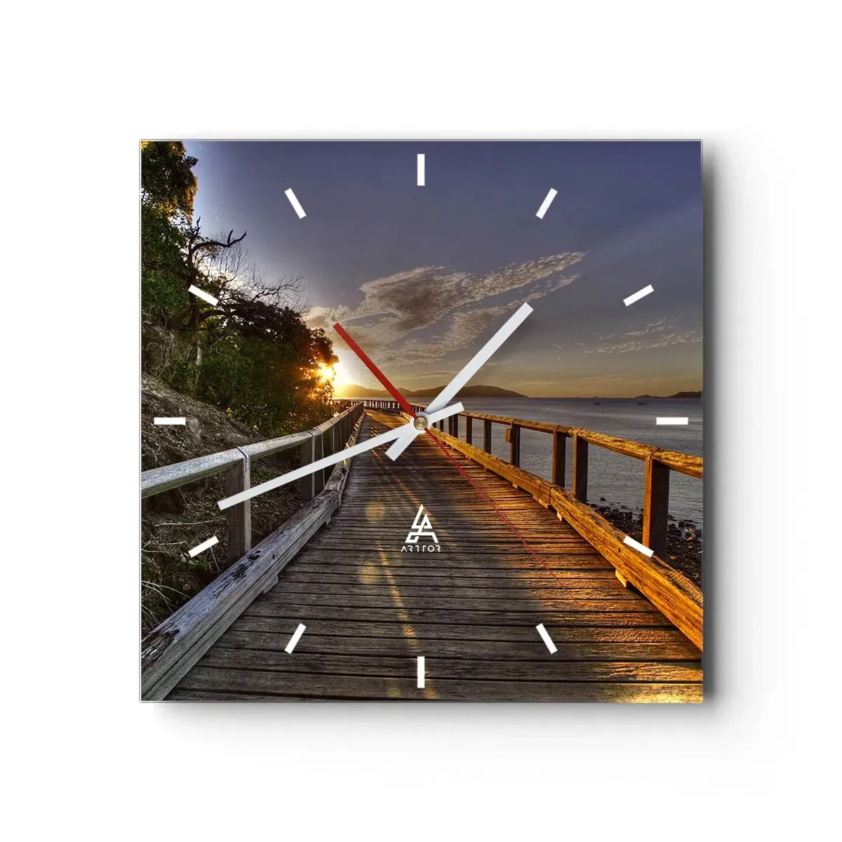 Orologio da parete - Orologio in Vetro - Un molo di legno conduce verso il tramonto sull'acqua - 30x30cm - Incamminarsi sempre verso il sole - Decorazione murale moderna per soggiorno e camera da letto ARTTOR