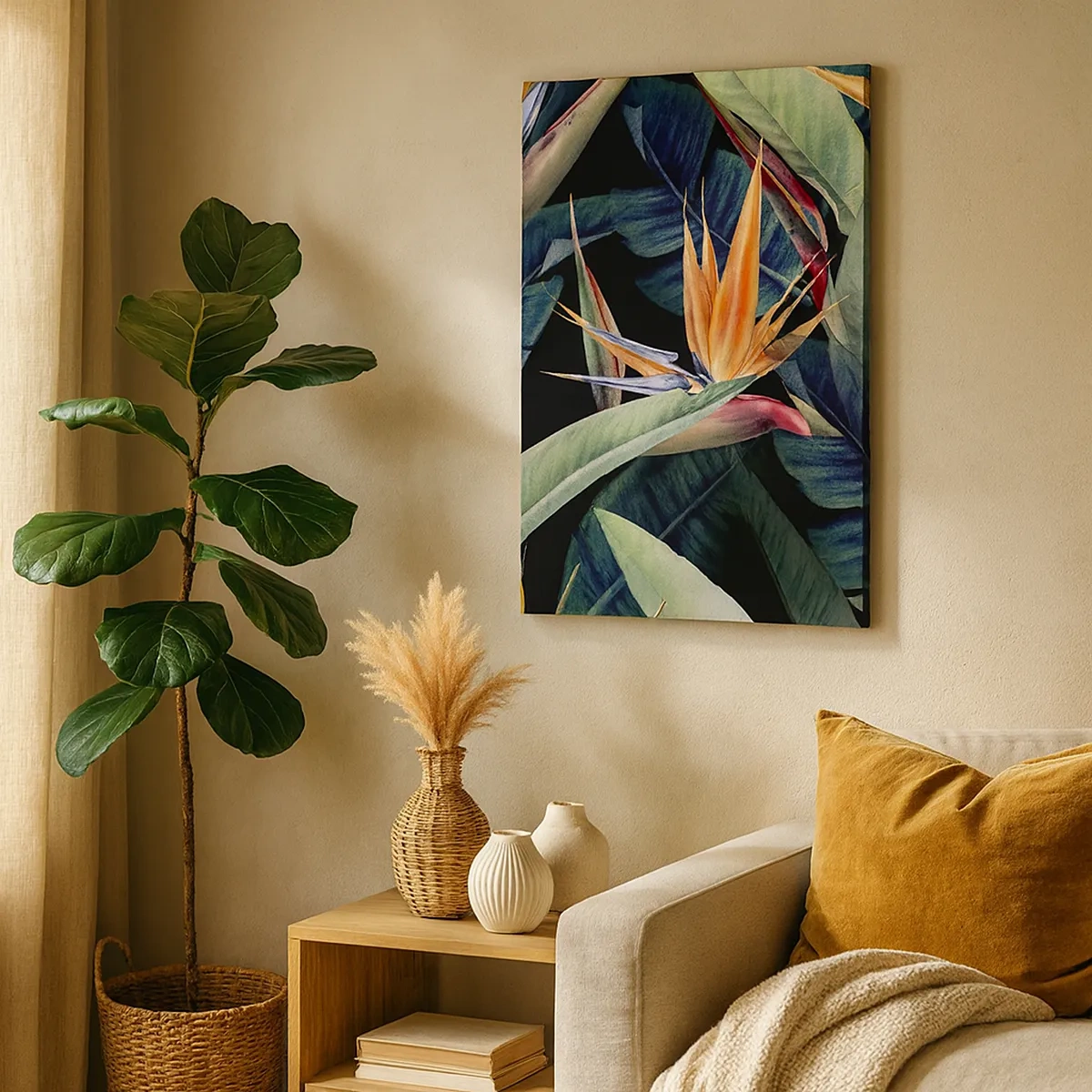 Quadro su tela - Stampe su Tela - Fiori e foglie tropicali su sfondo nero - 50x70cm - I fiori fiammeggianti dei tropici - Decorazione murale moderna per soggiorno e camera da letto ARTTOR