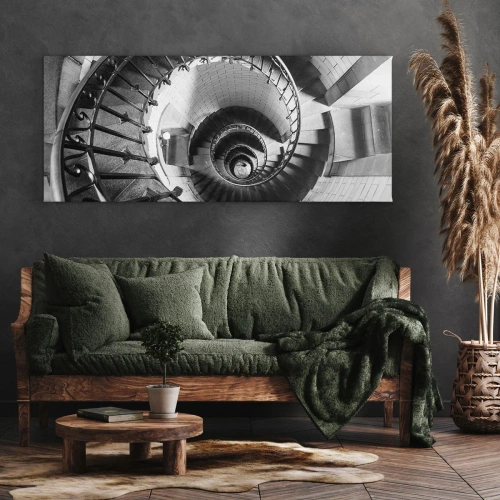 Quadro su tela - Stampe su Tela - Fotografia in bianco e nero di una scala a chiocciola con prospettiva dall'alto verso il basso - 160x50cm - Ancora più in alto - Decorazione murale moderna per soggiorno e camera da letto ARTTOR