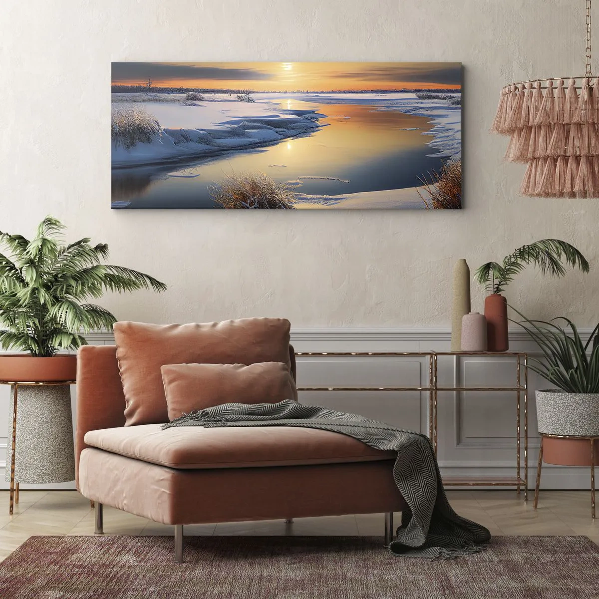 Quadro su tela - Stampe su Tela - Paesaggio invernale con un fiume al tramonto - 120x50cm - Tramonto invernale - Decorazione murale moderna per soggiorno e camera da letto ARTTOR