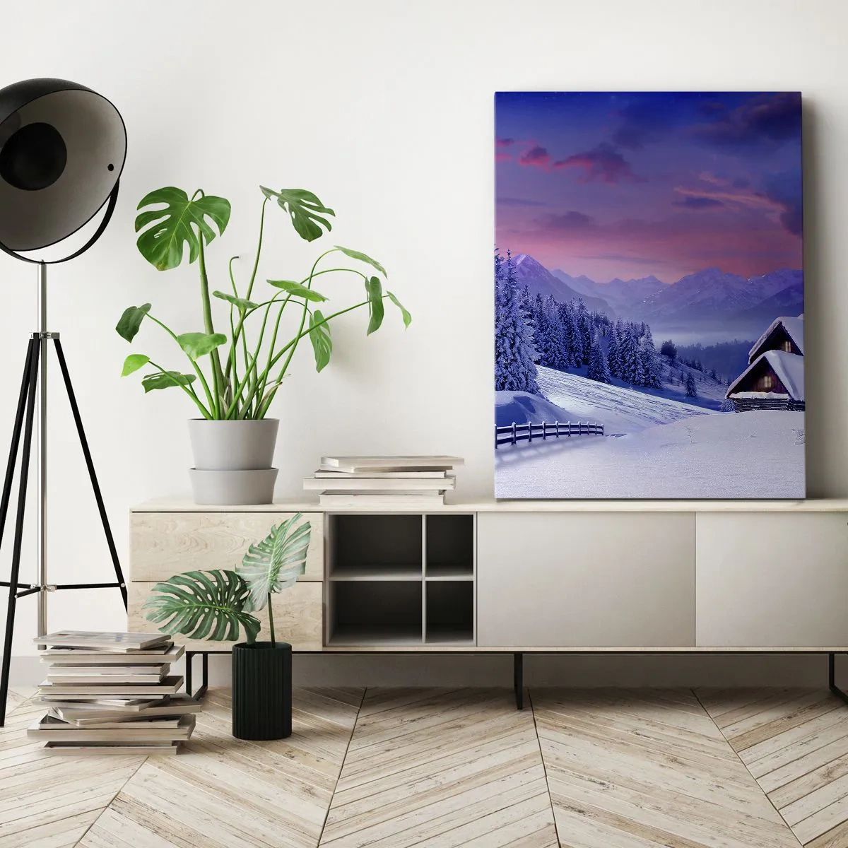 Quadro su tela - Stampe su Tela - Paesaggio invernale con baite di montagna al tramonto - 80x120cm - Notte silenziosa - Decorazione murale moderna per soggiorno e camera da letto ARTTOR