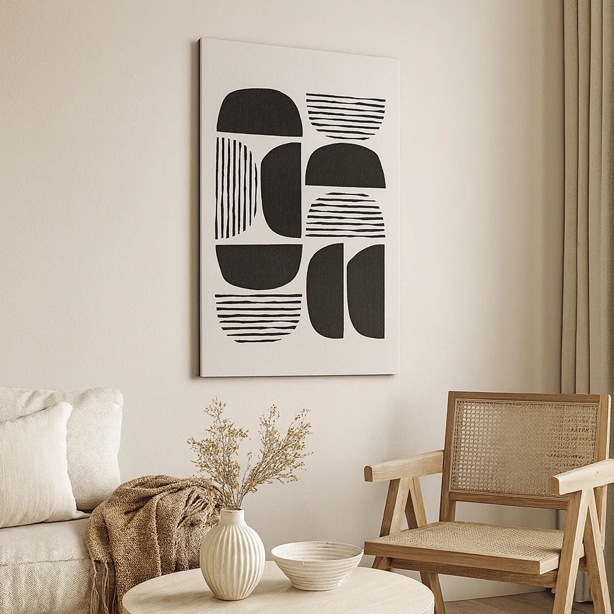 Quadro su tela - Stampe su Tela - Geometria con semicerchi e linee in nero su sfondo chiaro - 50x70cm - Sistemi di metà - Decorazione murale moderna per soggiorno e camera da letto ARTTOR