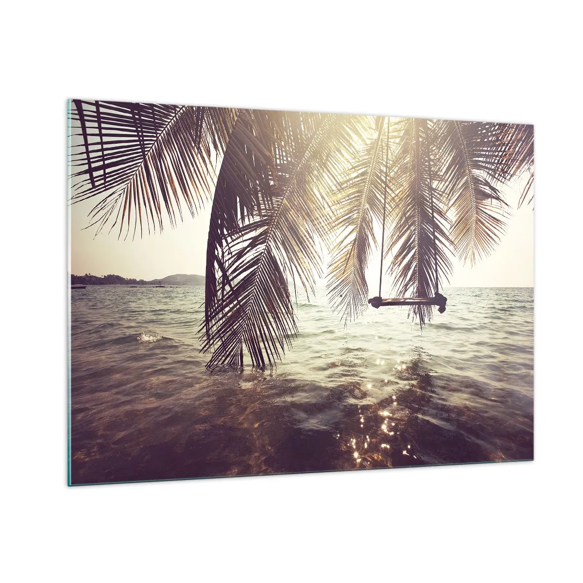 Quadro su vetro - Una spiaggia con palme e un'altalena su un mare calmo - 100x70cm - Si può dondolare tra le nuvole a volontà - Decorazione murale moderna per soggiorno e camera da letto ARTTOR