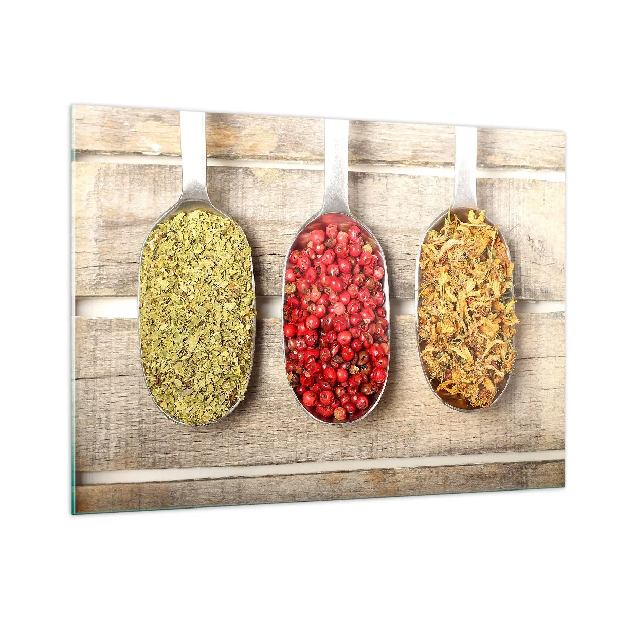 Quadro su vetro - Tre cucchiai con spezie su uno sfondo rustico di legno - 100x70cm - Magia in cucina - Decorazione murale moderna per soggiorno e camera da letto ARTTOR