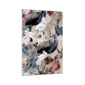 Quadro su vetro - Un paesaggio con piume di pavone, rose e uccelli in stile romantico. - 70x100cm - Nel giardino del palazzo - Decorazione murale moderna per soggiorno e camera da letto ARTTOR