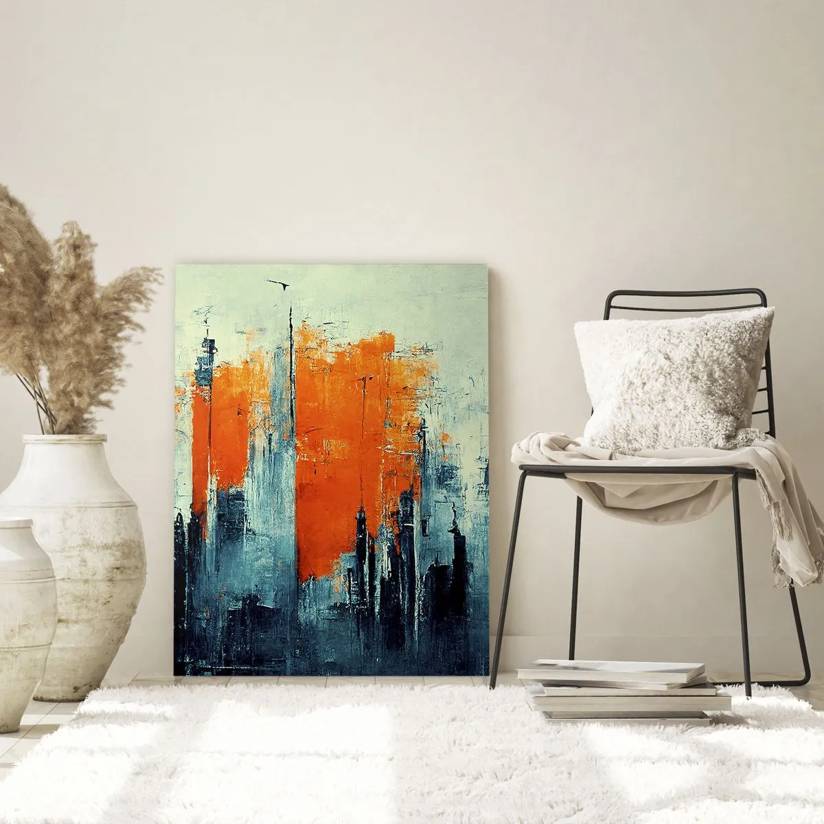 Quadro su vetro - Un panorama urbano moderno nei toni del grigio e dell'arancione - 50x70cm - Paesaggio moderno - Decorazione murale moderna per soggiorno e camera da letto ARTTOR