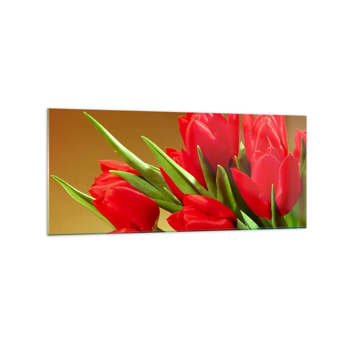 Quadro su vetro - Un bouquet di tulipani rossi su uno sfondo dorato con foglie verdi. - 120x50cm - Un mazzo di gioia primaverile - Decorazione murale moderna per soggiorno e camera da letto ARTTOR
